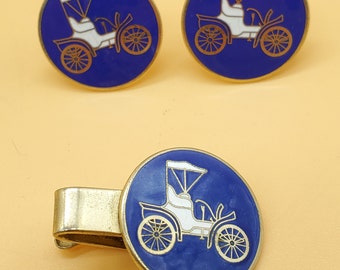 Vintage blue enamel antique car cufflinks with matching tie clip