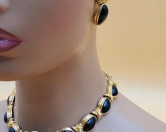 vintage gold tone dark enamel choker necklace with matching earrings