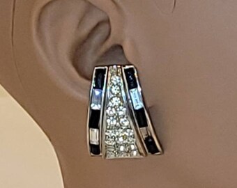 Butler and Wilson Art Deco thick black and clear rhinestones clip on earrings