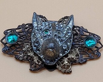 Vintage Czech style filigree clip brooch with metal fox head center