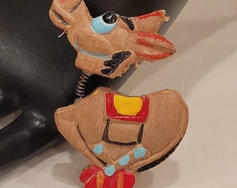 Vintage wooden spring head donkey pin brooch