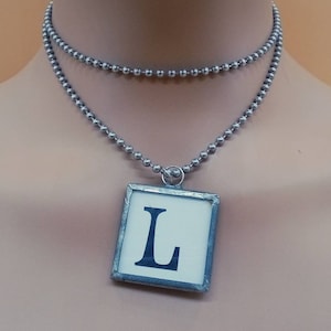 XL silver tone ball chain necklace with double sided Letter L and Martini pendant