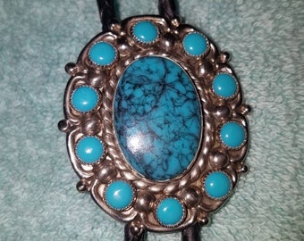 Navajo Style Slide Vintage Native American Western Wear Royston Turquoise Bolo Tie Hand Crafted Sterling Silver Rope w Sun Rays Border