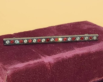 Vintage Art Deco Style sterling silver bar brooch with red and clear rhinestones