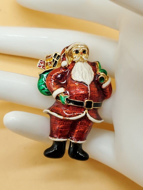 Enamel Santa Claus with toy sack brooch