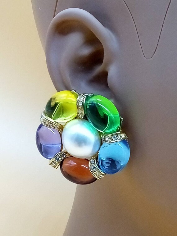 Boucles D'oreilles Vintage Multicolores à Clips - Métal Doré, Occasion Bon état