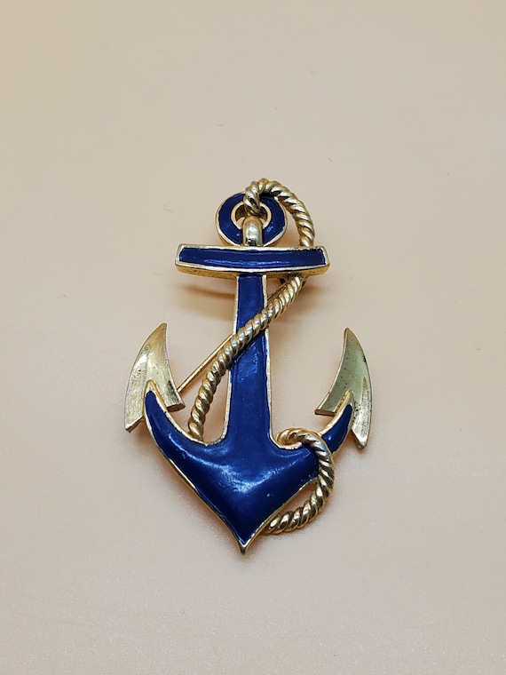 vintage Crown Trifari blue enamel anchor brooch - image 1