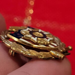 Puede incluir: Un pin de tono dorado con un dise&ntilde;o de escudo rojo, blanco y azul. El escudo tiene una estrella en el centro y est&aacute; rodeado por una corona de hojas doradas. El pin tiene un cierre de pin.