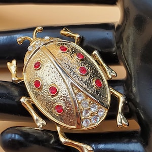 May include: A gold-toned brooch in the shape of a ladybug with red and clear rhinestones.