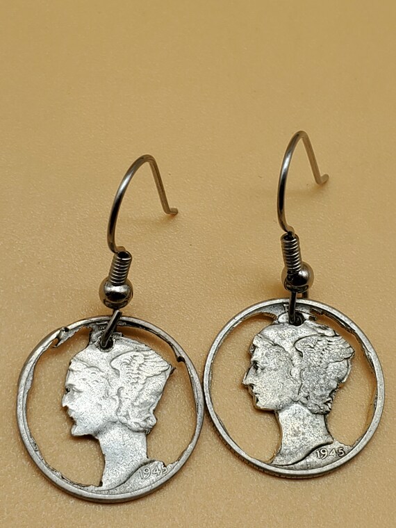 1945 Mercury dime cut coin earrings - image 3