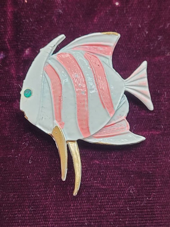 Vintage enamel painted tropical angel fish brooch