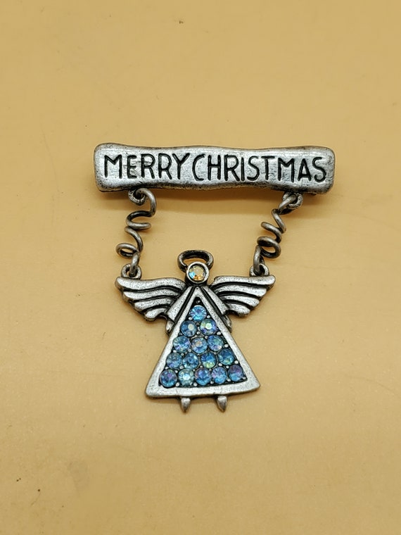 Vintage Merry Christmas Crystal Angel brooch - image 1