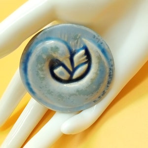 Vintage glazed pottery blue swan brooch