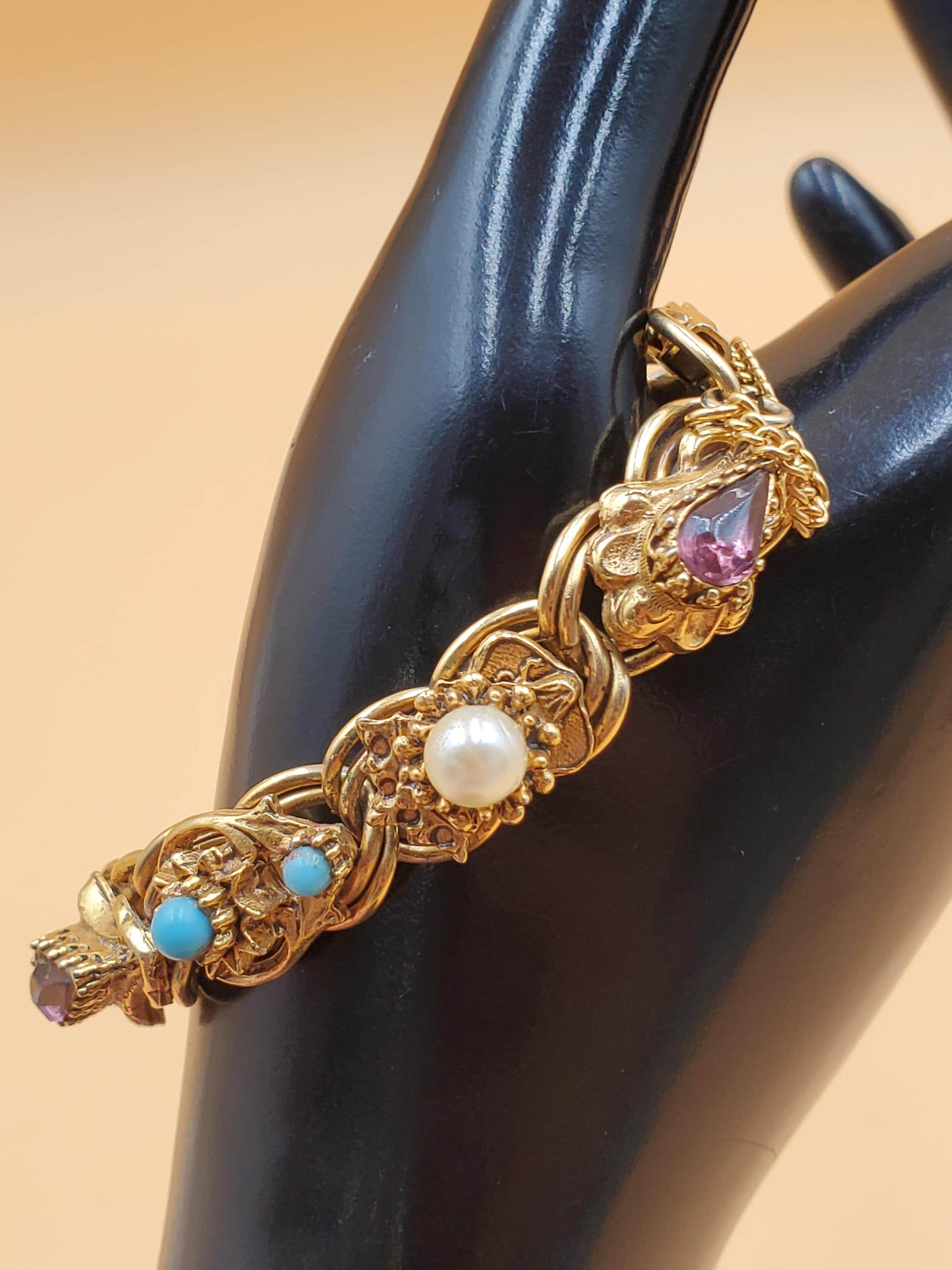 Vintage Florenza Gold Tone Jeweled Link Bracelet - Etsy Israel