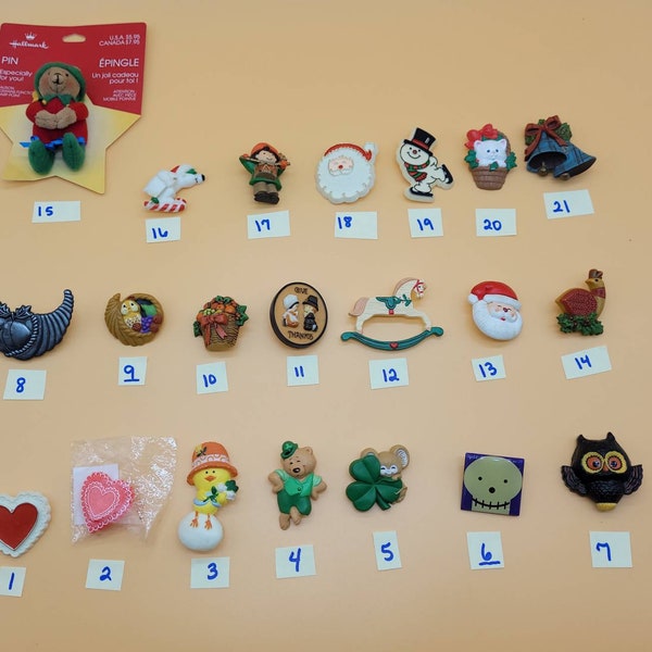 Vintage Hallmark plastic holiday pins, select styles