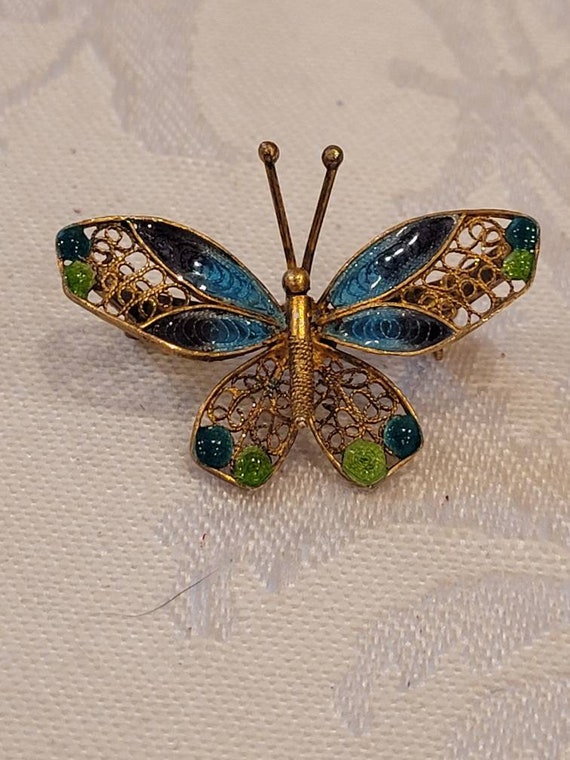 Vintage 800 silver enamel Filigree butterfly broo… - image 1