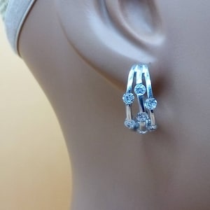 Vintage silver tone clear crystal half hoop earrings