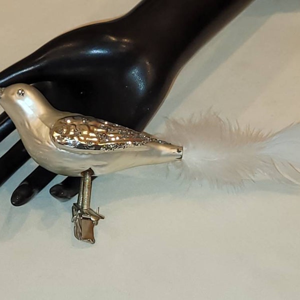 Vintage silver tone glass glitter clip on bird Ornament with white feather tail