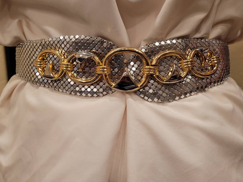 Retro Vintage Thick Silver Tone Metal Mesh Belt With Gold  display picture 2