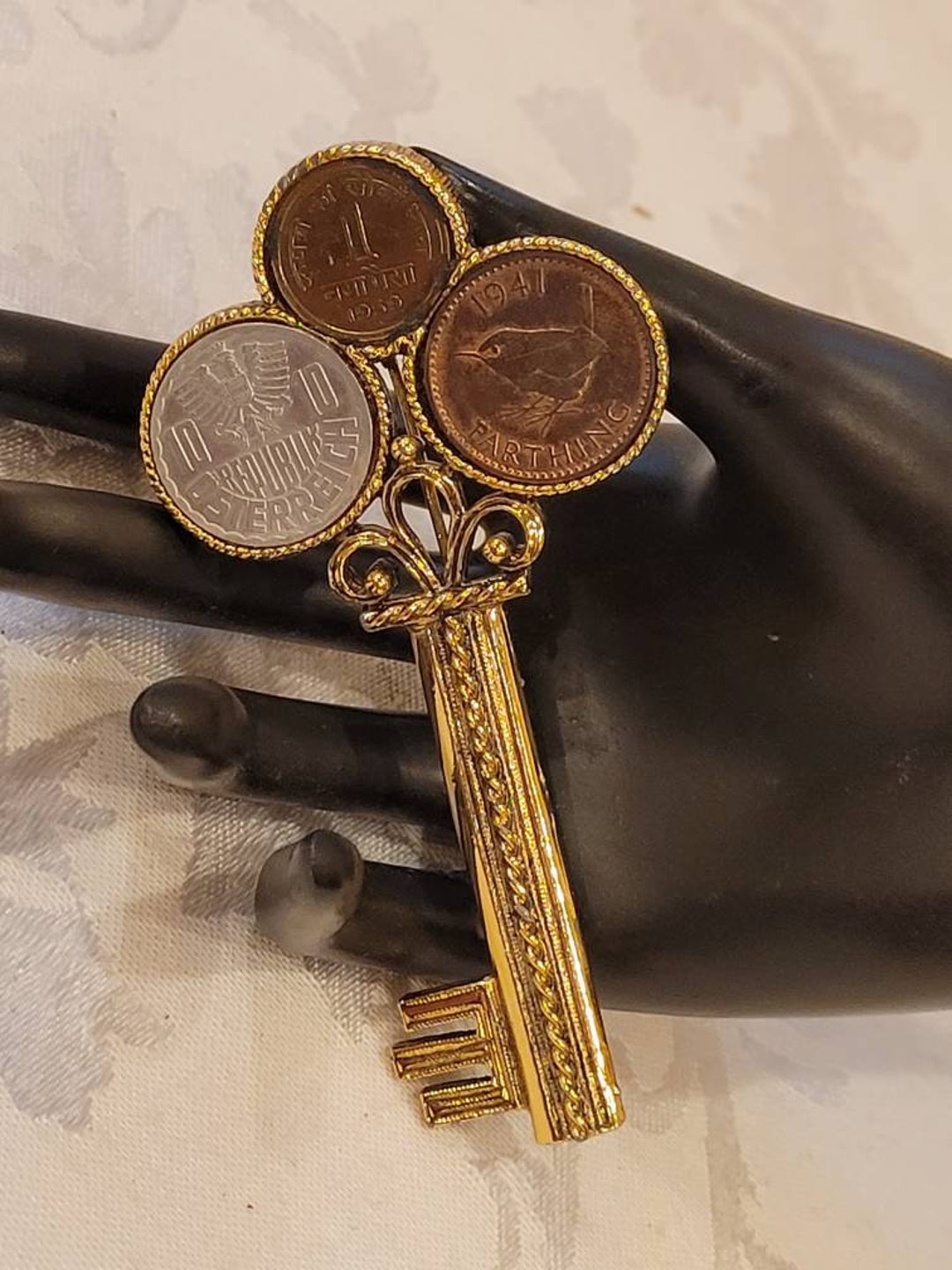Vintage Chunky Coin Key Brooch - Etsy