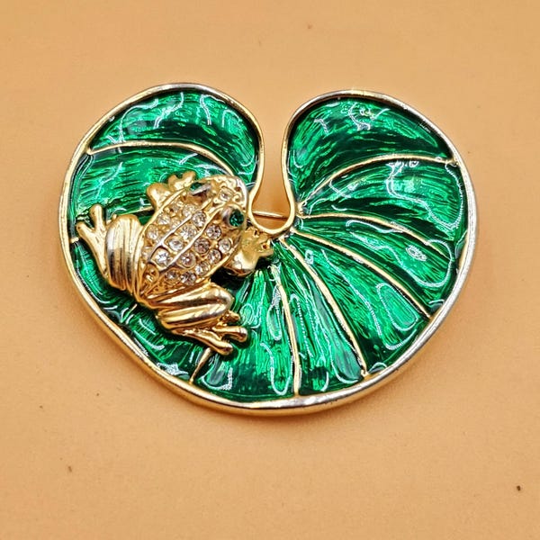 vintage enamel Lilypad with rhinestone frog brooch