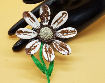 vintage XL enamel stemmed flower brooch