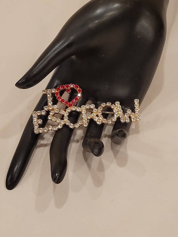 I love Escrow rhinestone brooch