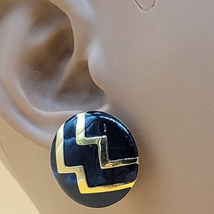 Vintage Monet black enamel and gold design clip on earrings image 1