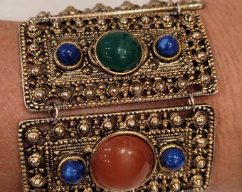 Vintage Etruscan style Jeweled panel link bracelet