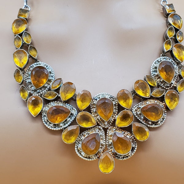 Vintage silver plated citrine glass bib necklace