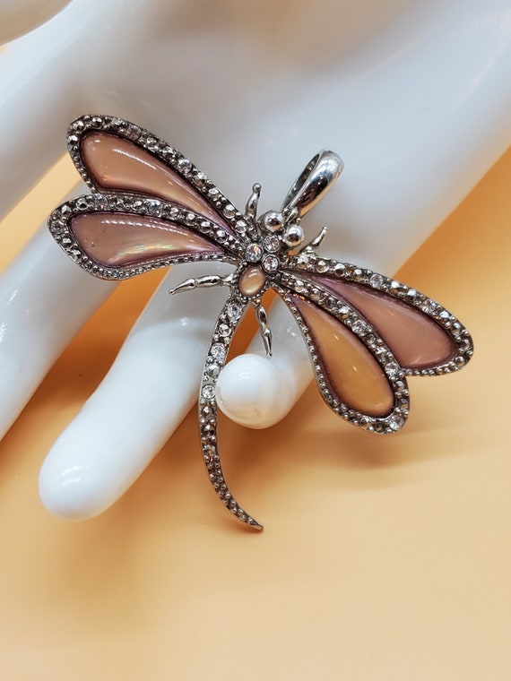 Vintage silver tone rhinestone dragonfly brooch pe