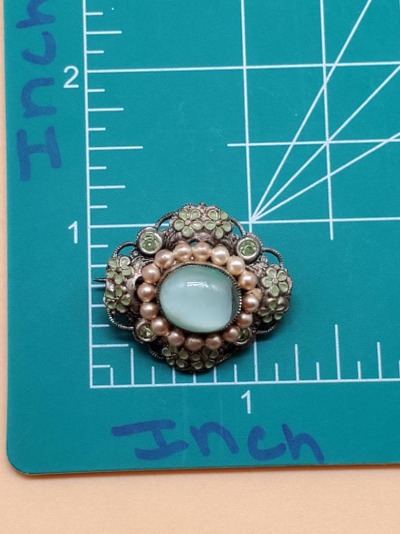 Vintage Czechoslovakia enamel green moonstone pin brooch image 2