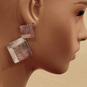 Vintage Taxco southwestern Sterling silver large textured dangle double square earrings