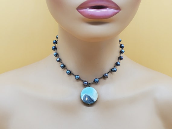 Vintage BOHO chic black pearl necklace with quart… - image 1