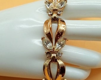 Vintage Crown Trifari Alfred Philippe gold tone clear rhinestone bracelet