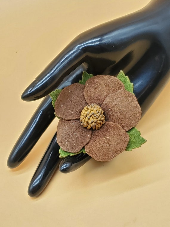 Vintage handmade suede flower brooch - image 1