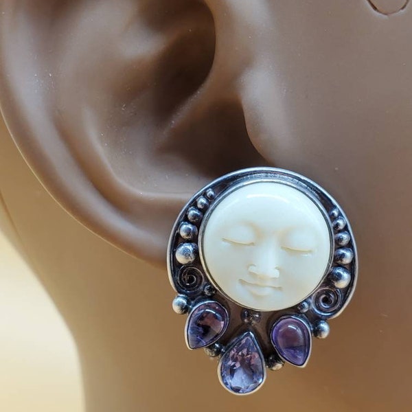 Sajen sterling silver carved bone face earrings with Amethysts,  clip on