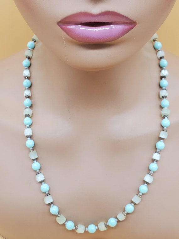 vintage pale green beaded necklace with fancy pin… - image 2