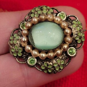Vintage Czechoslovakia enamel green moonstone pin brooch image 3