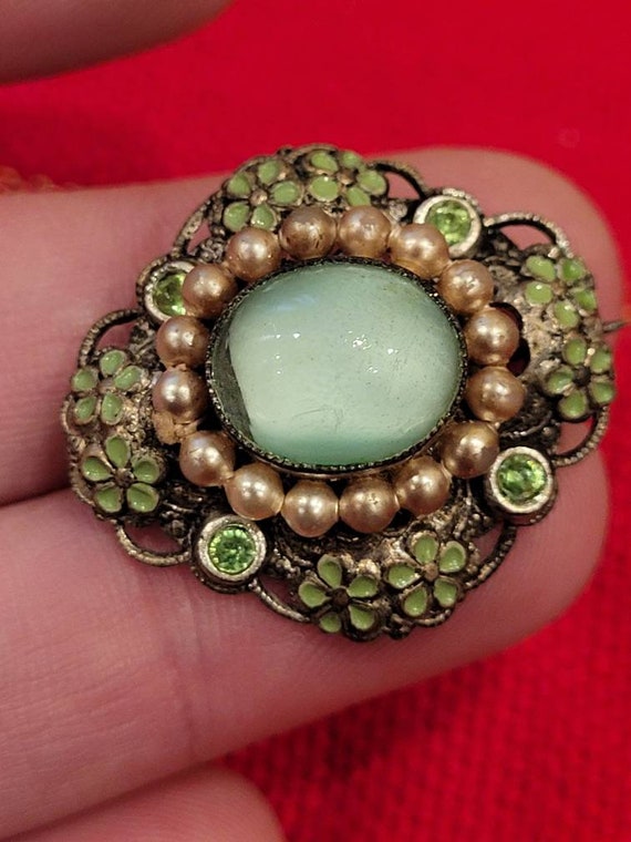 Vintage Czechoslovakia enamel green moonstone pin… - image 3