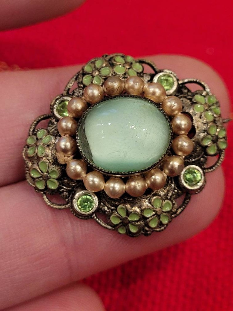 Vintage Czechoslovakia enamel green moonstone pin brooch image 3
