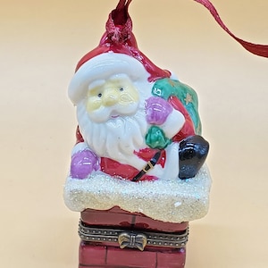Vintage porcelain Santa going down the chimney trinket box ornament