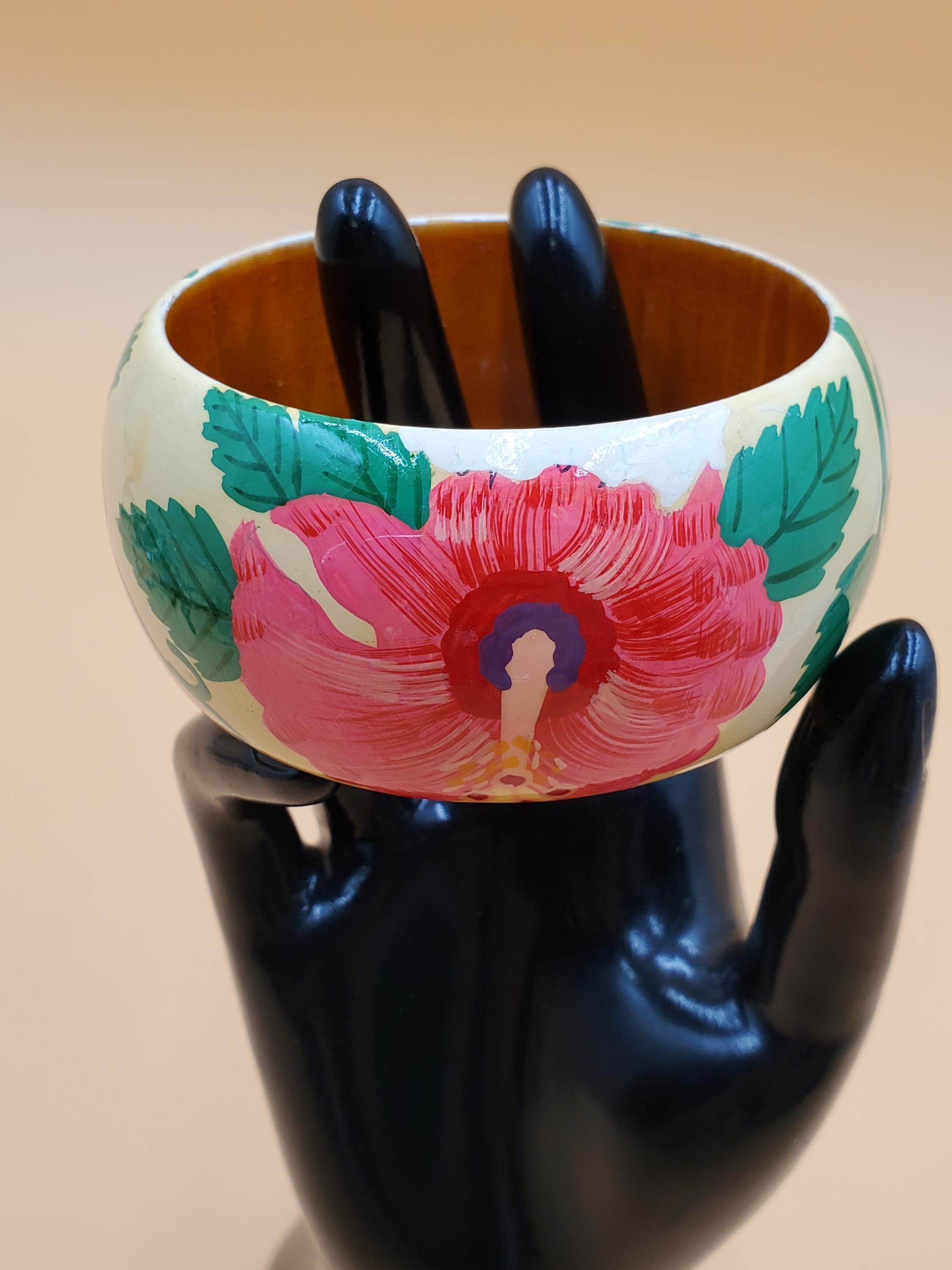 Vintage Island Hobper Hand Painted Hibiscus Flower Wooden Bangle
