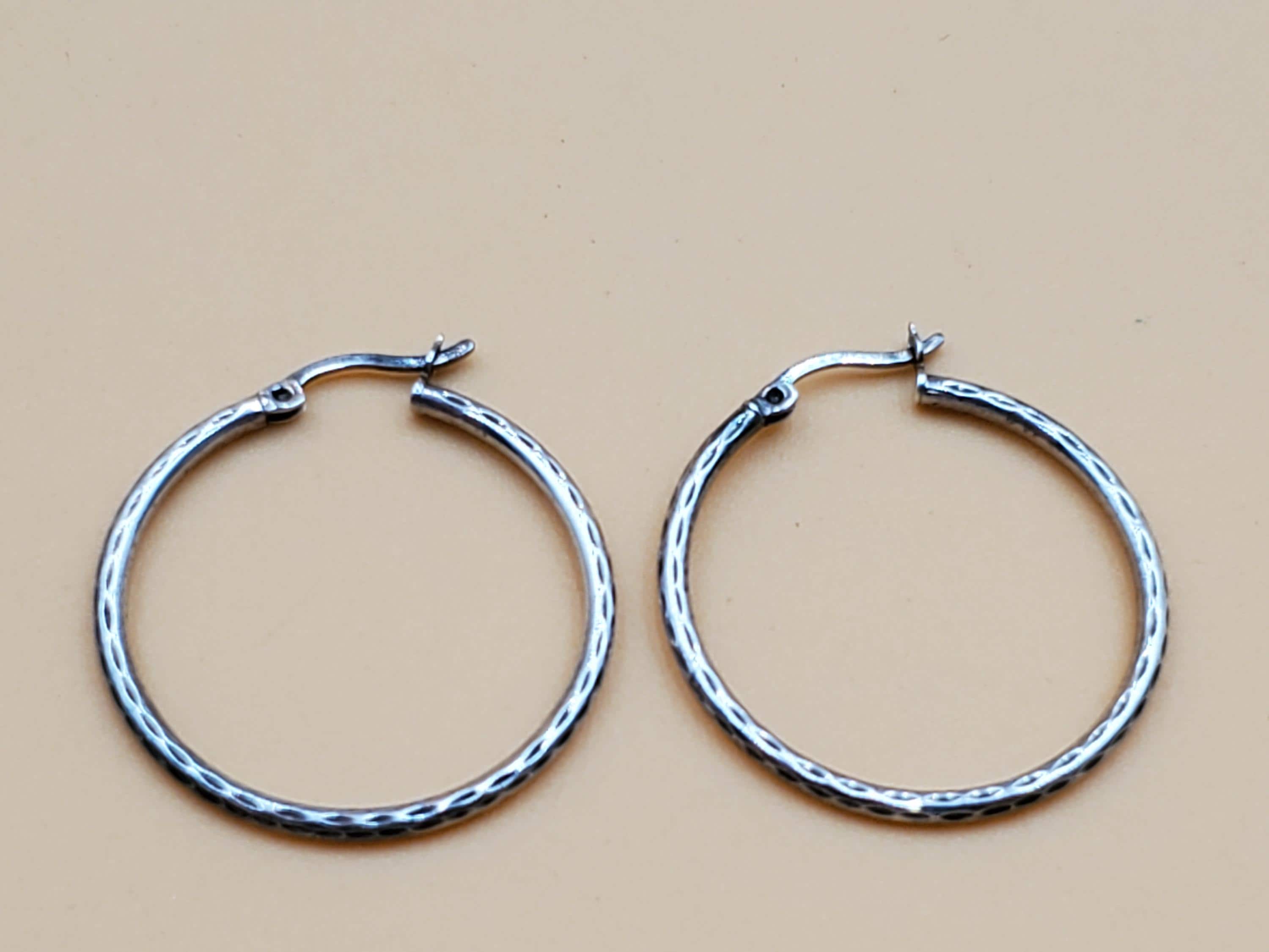 Vintage Sterling Pierced Hoop Earrings With Simple Etched Design