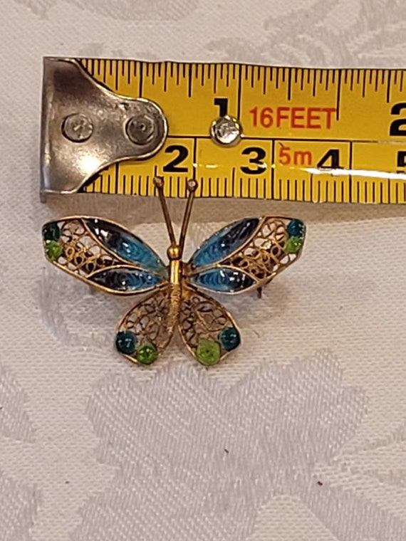 Vintage 800 silver enamel Filigree butterfly broo… - image 3