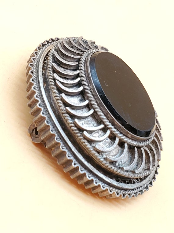 Vintage 800 silver black stone brooch pendant - image 6