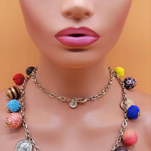 GRAZIANO eclectic bead ball coin necklace