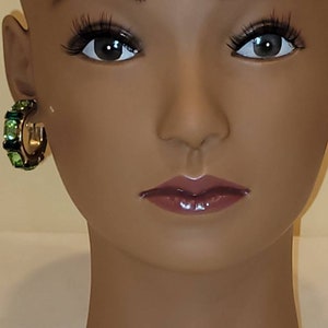 Vintage green rhinestone screw back hoop earrings