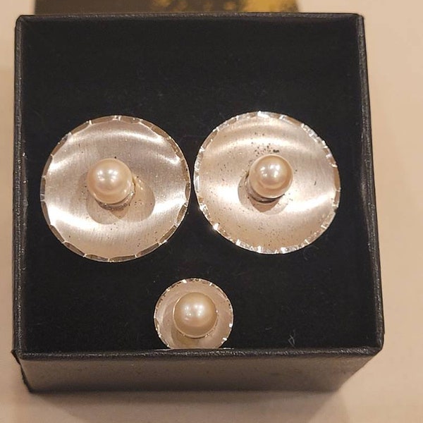 Vintage Sterling Silver Pearl cufflinks with matching tie tack