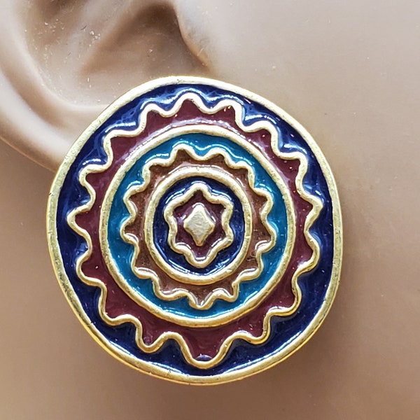 Vintage C Stein large colorful tribal design disc clip on earrings